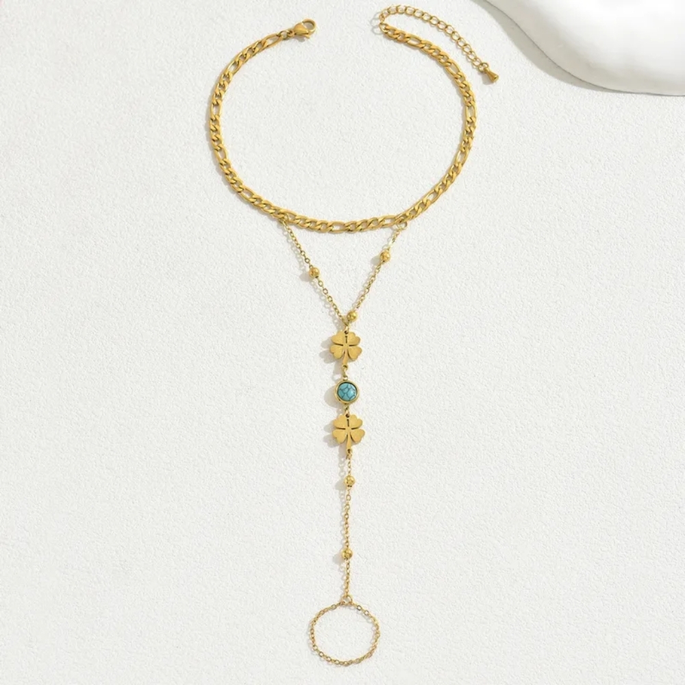 ​Y2K Gold Double Layer Foot Anklet Turquoise Clover Barefoot Chain Sandal - Picture 10 of 12